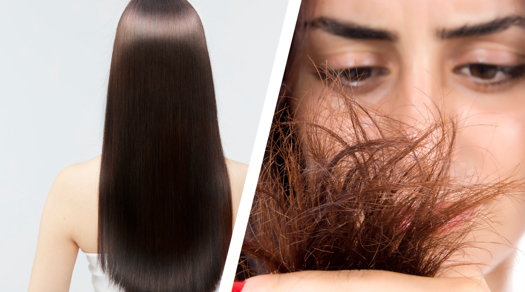 A before-and-after visual of haircare