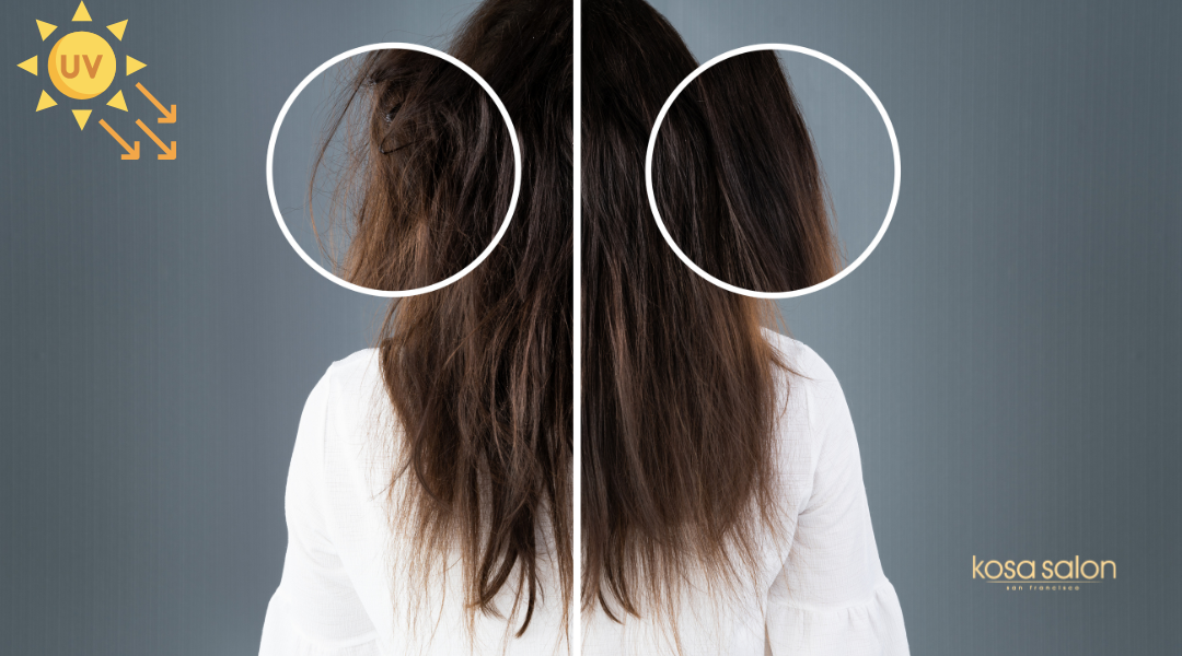 Balayage hair exposed to sun, showing UV damage and fading effects