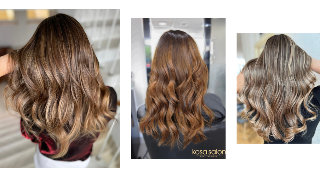  woman with golden blonde and caramel balayage hair