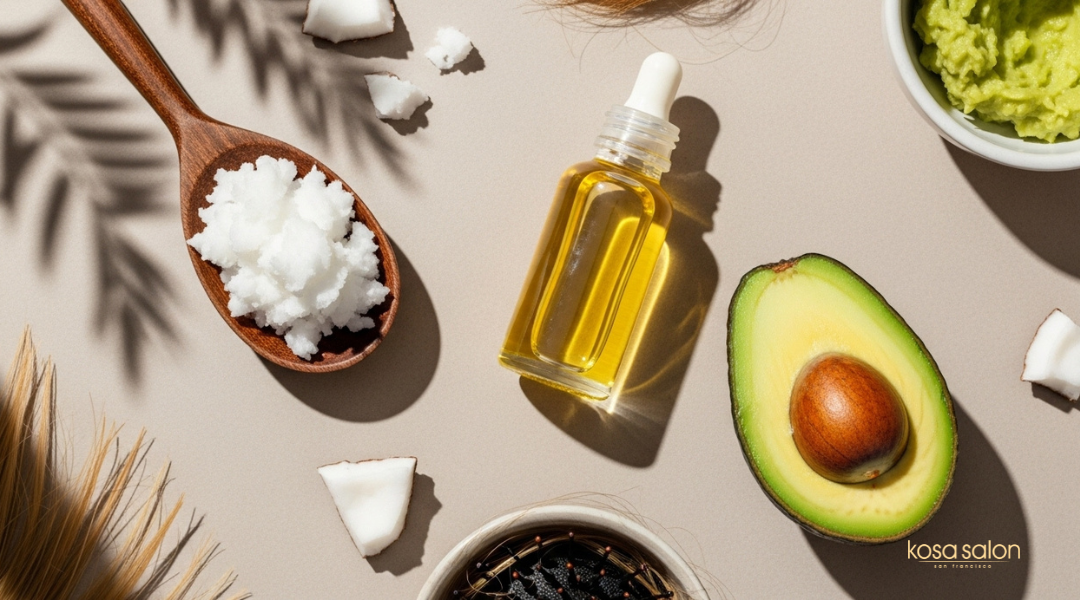 Coconut oil, argan oil, and avocado arranged for natural hair treatment, showing key ingredients used for deep moisture and shine

