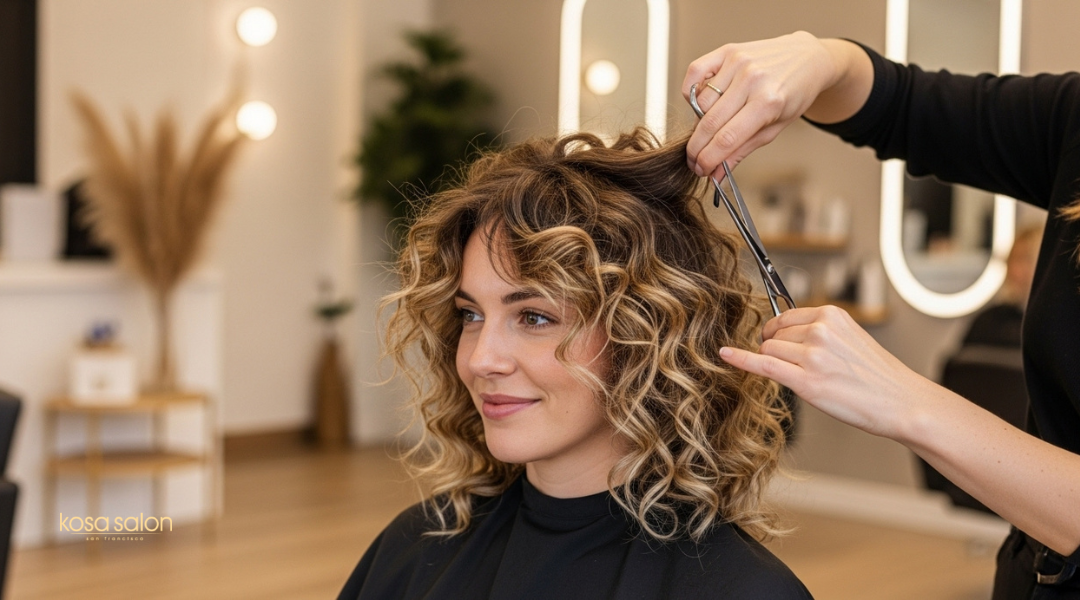 Stylist trimming curly hair to enhance natural texture and volume at a salon in Rancho Cucamonga

