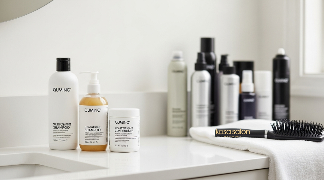 Minimalist hair care setup with gentle shampoo and conditioner, emphasizing the importance of avoiding product overload

