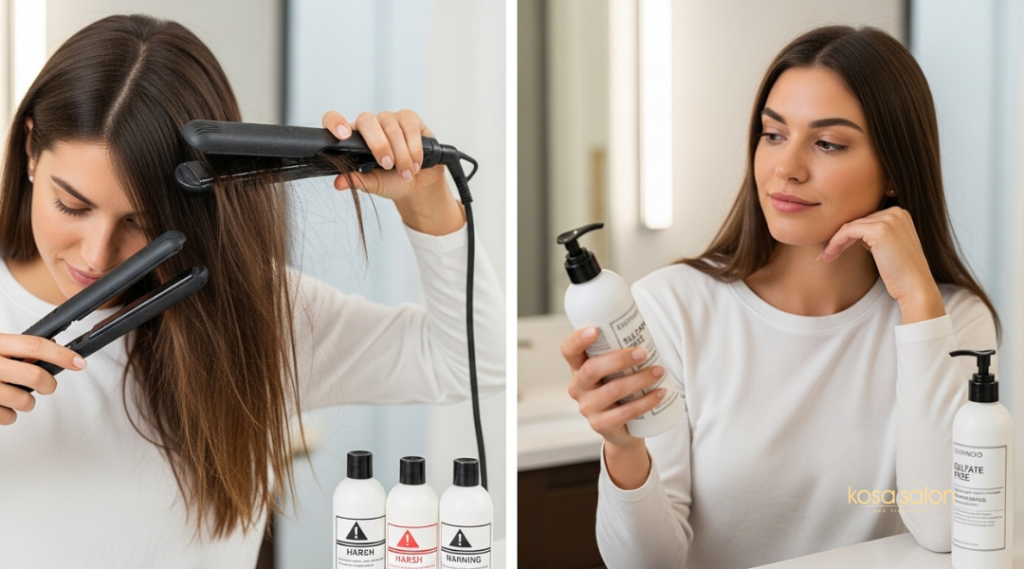 Side-by-side image showing heat styling and harsh hair products as common habits that lead to dull hair, with gentle alternatives recommended by Kosa Salon SF

