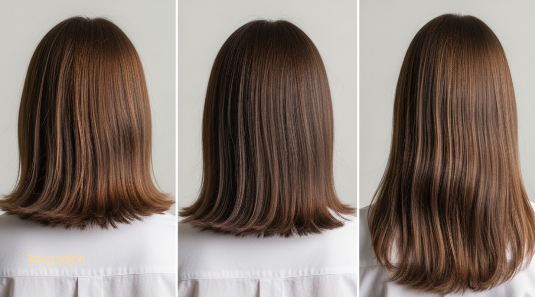 Timeline collage showing hair progressing from frayed ends to healthy, longer hair after regular trims.

