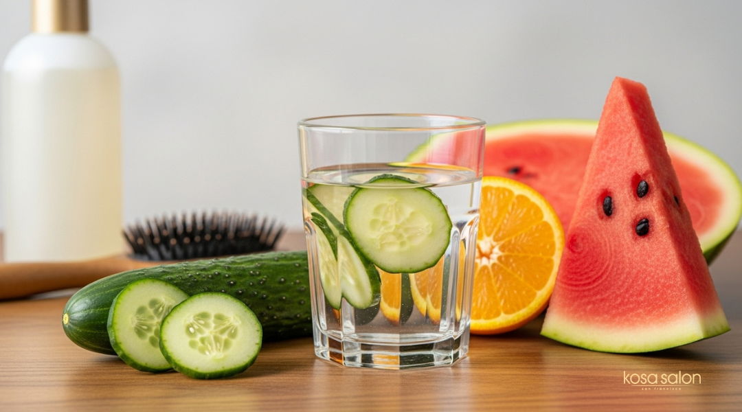 Glass of water with fresh fruits like cucumber, orange, and watermelon, symbolizing hydration for healthy hair and scalp

