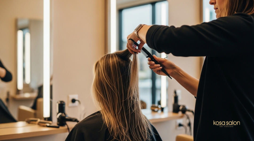 Stylist performing a professional hair trim and color service at a modern salon, emphasizing the benefits of regular visits for hair health

