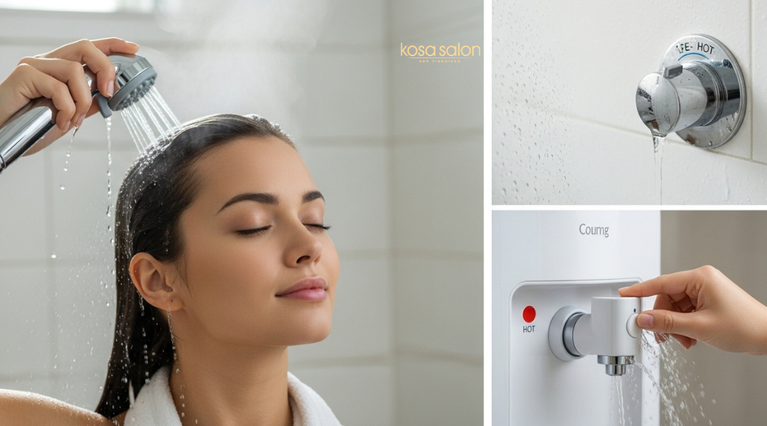 Woman rinsing her hair with lukewarm and cool water to lock in moisture and enhance shine