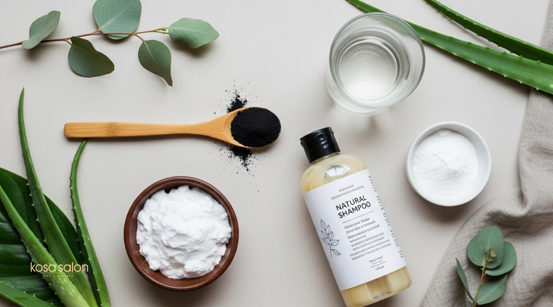 Flat lay of natural hair detox ingredients including baking soda and activated charcoal for gentle cleansing, recommended by Kosa Salon SF

