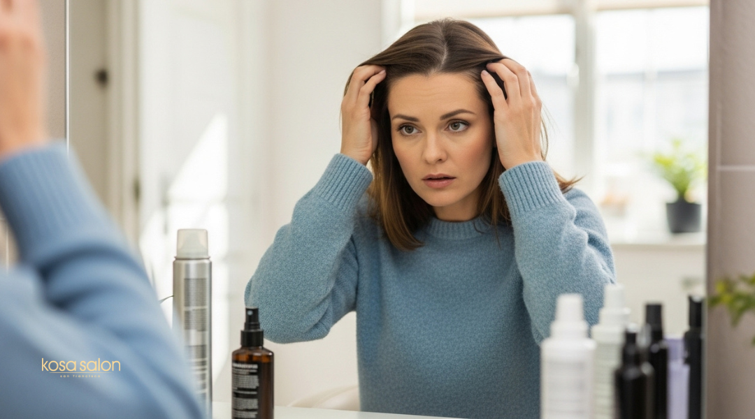 Woman examining her dull, lifeless hair with product build-up, a common sign she needs a hair detox at Kosa Salon SF

