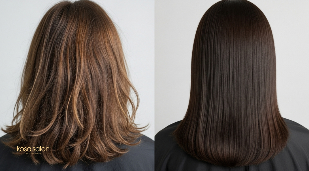 Side-by-side comparison showing untreated split ends versus freshly trimmed, healthy hair to illustrate the benefits of trimming.

