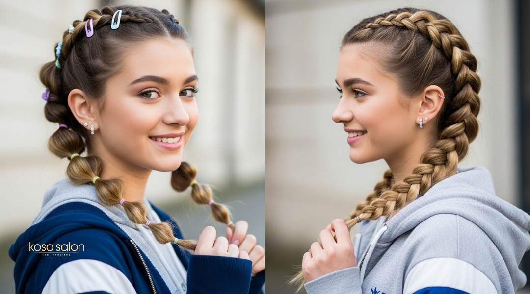 Teen girl with bubble braids on one side and a Dutch braid on the other, wearing casual accessories

