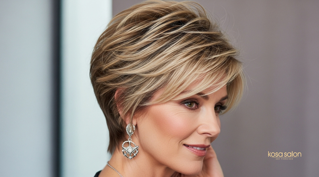 Mature woman with a textured pixie cut, styled with layers for volume and movement

