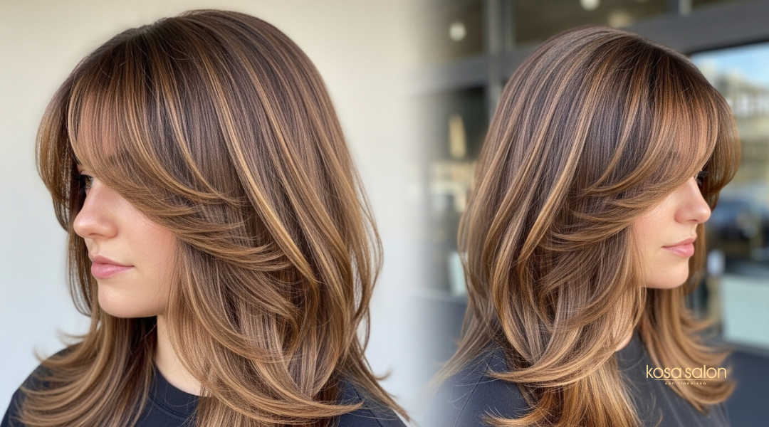 Teenage girl with curtain bangs and long layers, styled in soft waves


