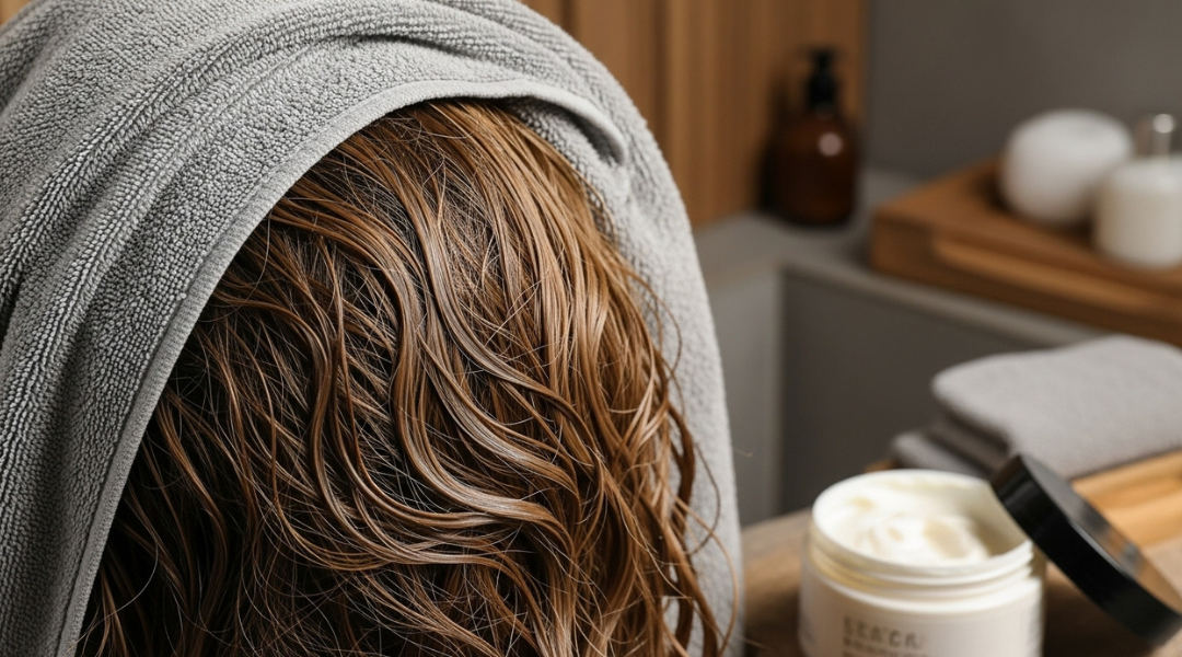 Towel-wrapped hair after deep conditioning with visible hair mask product nearby
