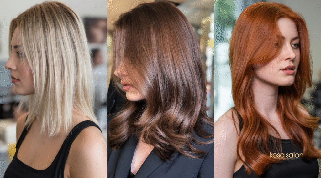 Side-by-side portraits of a blonde, brunette, and redhead showing the effects of glossing and toning treatments tailored to each hair color.

