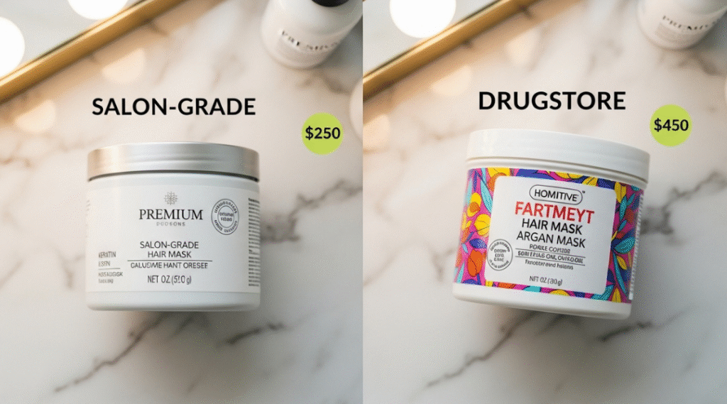 Comparison between salon-grade and drugstore hair masks with packaging and ingredient differences