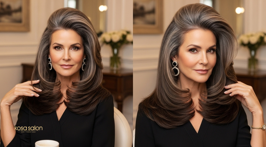 Woman with a voluminous blowout hairstyle, showing lift at the roots and smooth, curved ends

