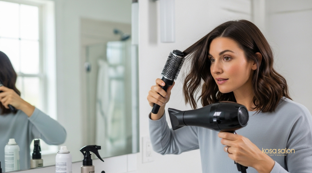 At-home blowout touch-ups with dry shampoo, cool air blow-drying, and smoothing serum to extend salon styling results.