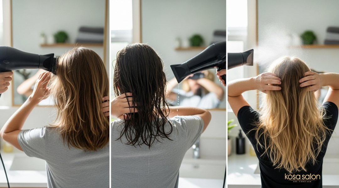 Collage showing three common blow-dry mistakes: dryer too close, drying wet hair, and skipping heat protectant.