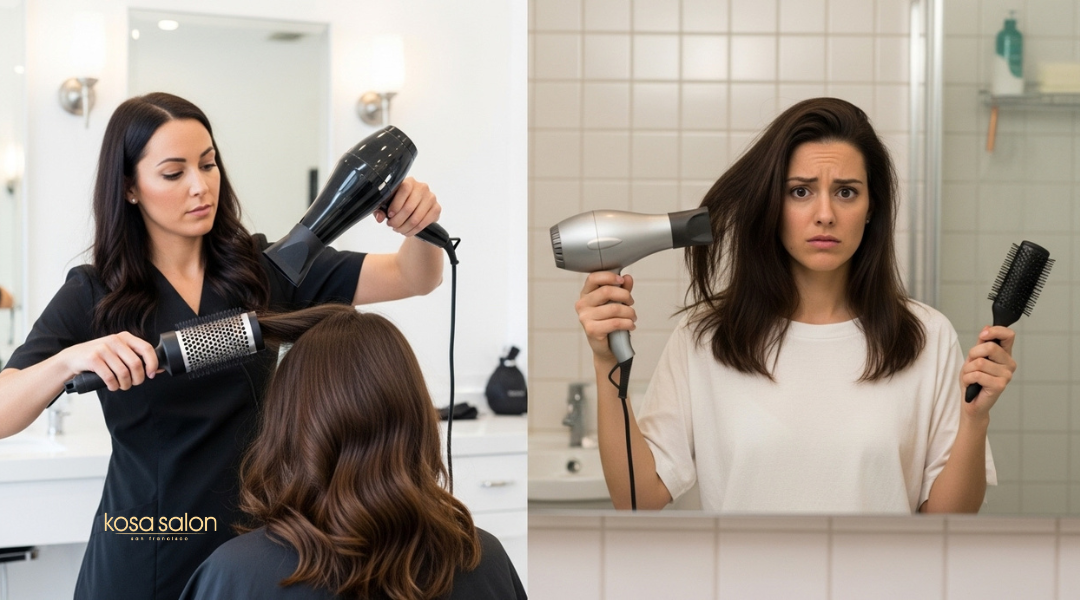 Side-by-side comparison of salon blowout versus at-home styling showing longer-lasting volume, shine, and professional finish vs short-lived, less polished results.