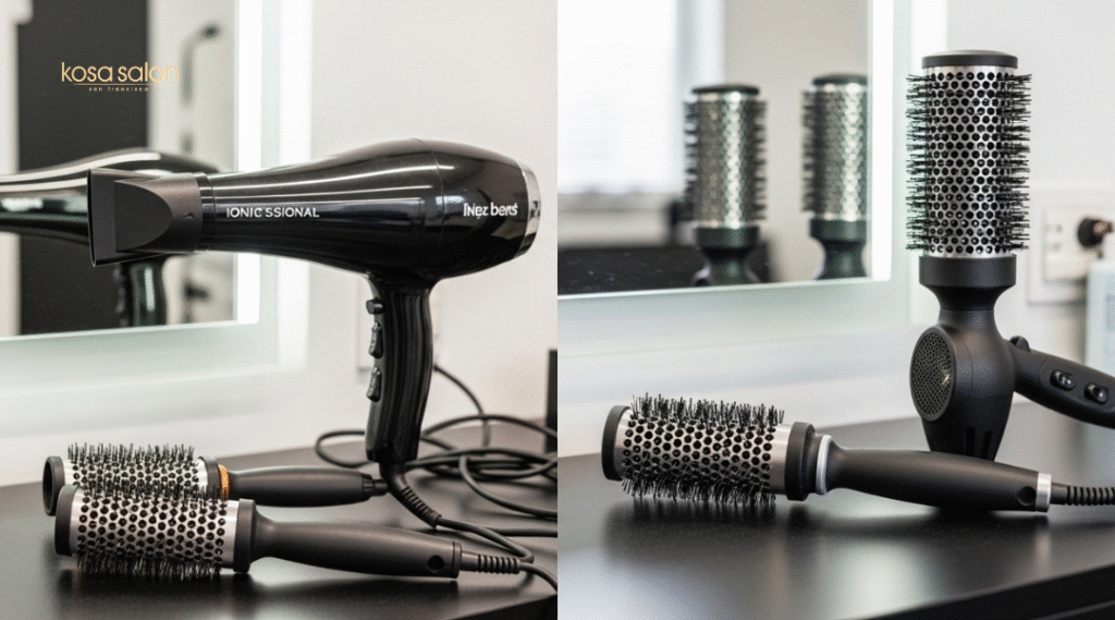 Comparison of professional salon blow dryer and boar bristle brushes versus basic at-home hair dryer and standard brush.