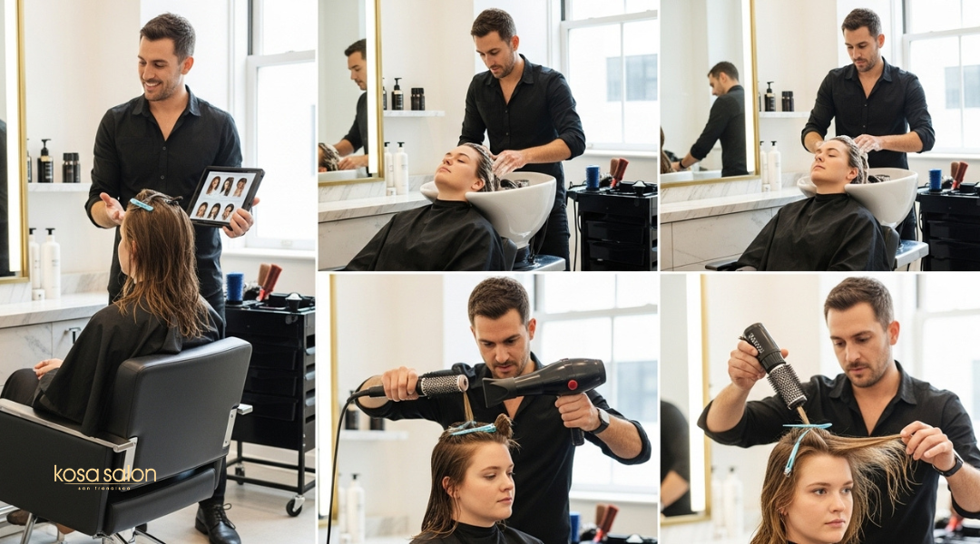 Step-by-step salon blowout process showing consultation, washing, sectioning, blow-drying, and finishing touches.