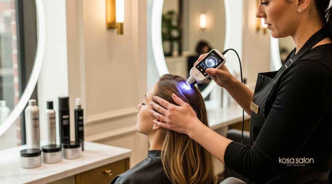 Professional stylist performing a scalp treatment with diagnostic tools in a luxury salon setting.
