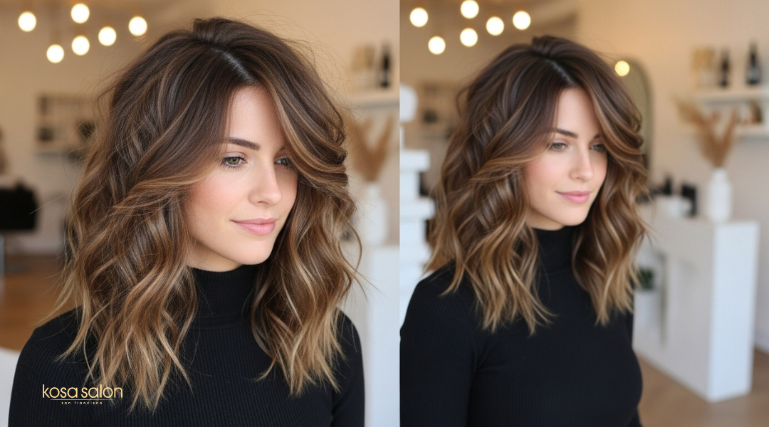 Textured tousled blowout with natural waves, relaxed volume, and effortless lived-in movement.