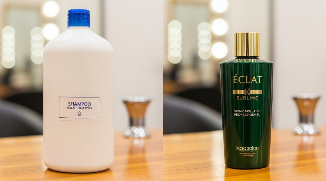 Comparison of drugstore shampoo versus salon-grade professional shampoo at Kosa Salon SF.