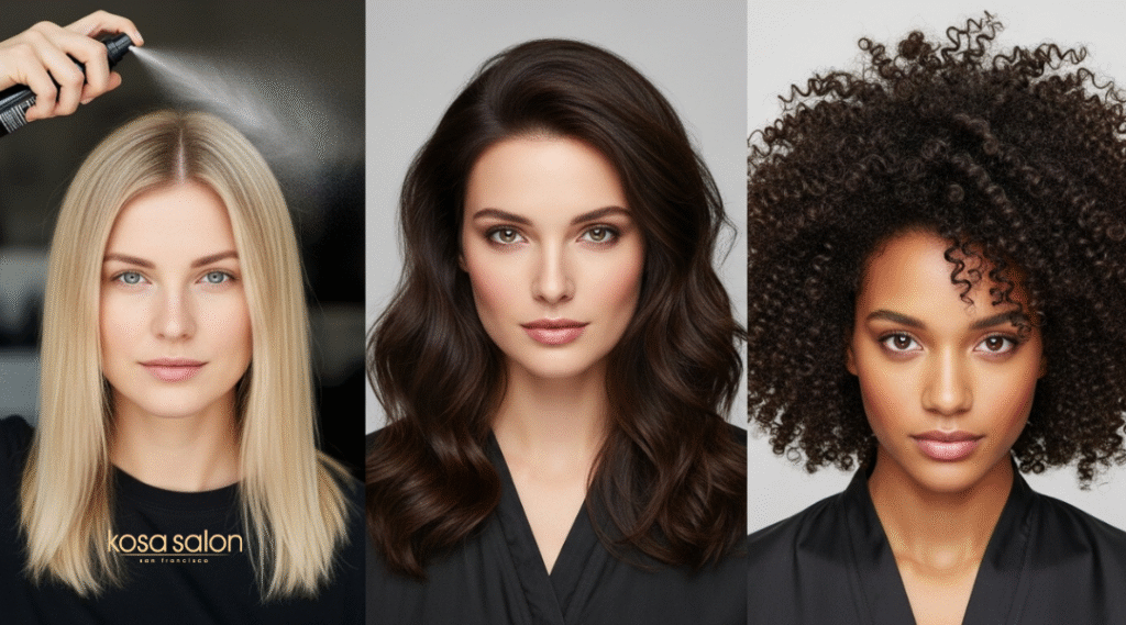 Side-by-side images of women with fine, coarse, and curly hair showing how dry shampoo helps extend blowouts for different hair types.