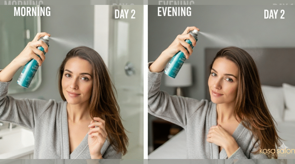 Woman applying dry shampoo at the roots on Day 2 of a blowout to keep hair fresh longer.