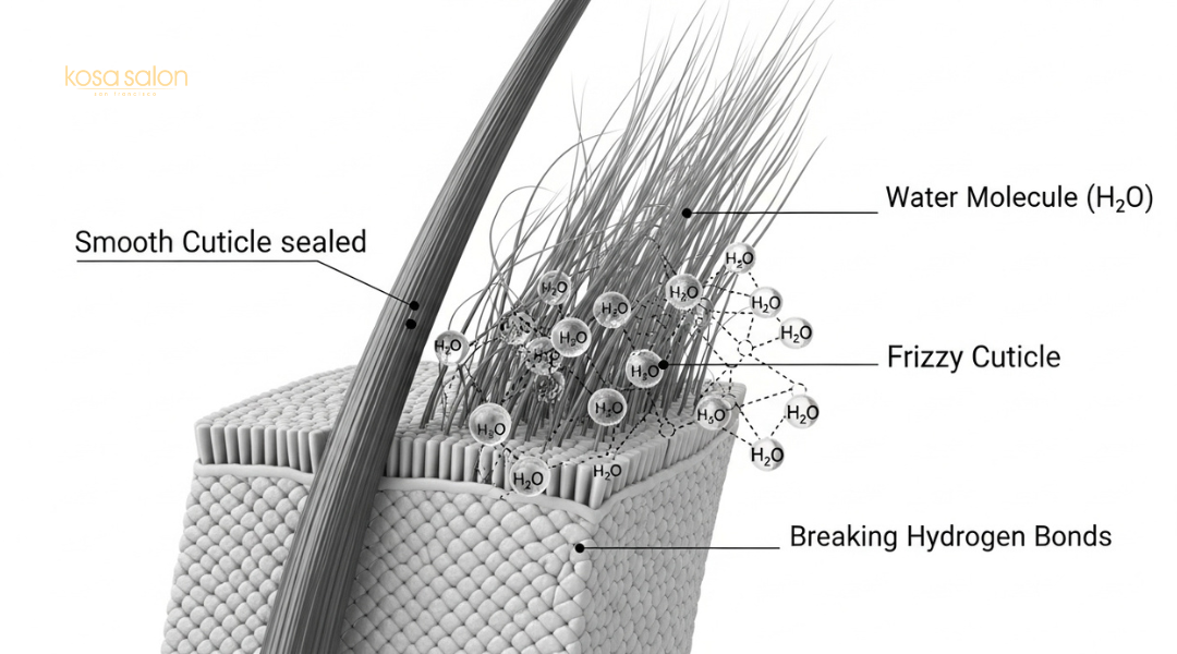 Hair strand cuticle reacting to humidity as moisture bonds disrupt smooth style.
