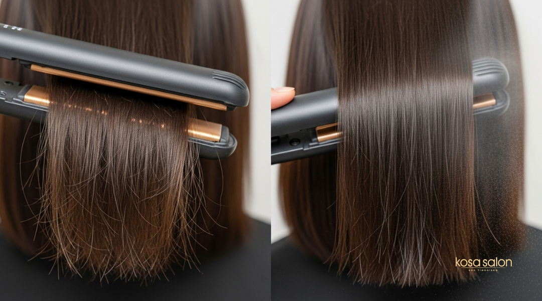 Comparison of hair with and without heat protectant, showing frizz vs. smooth finish.