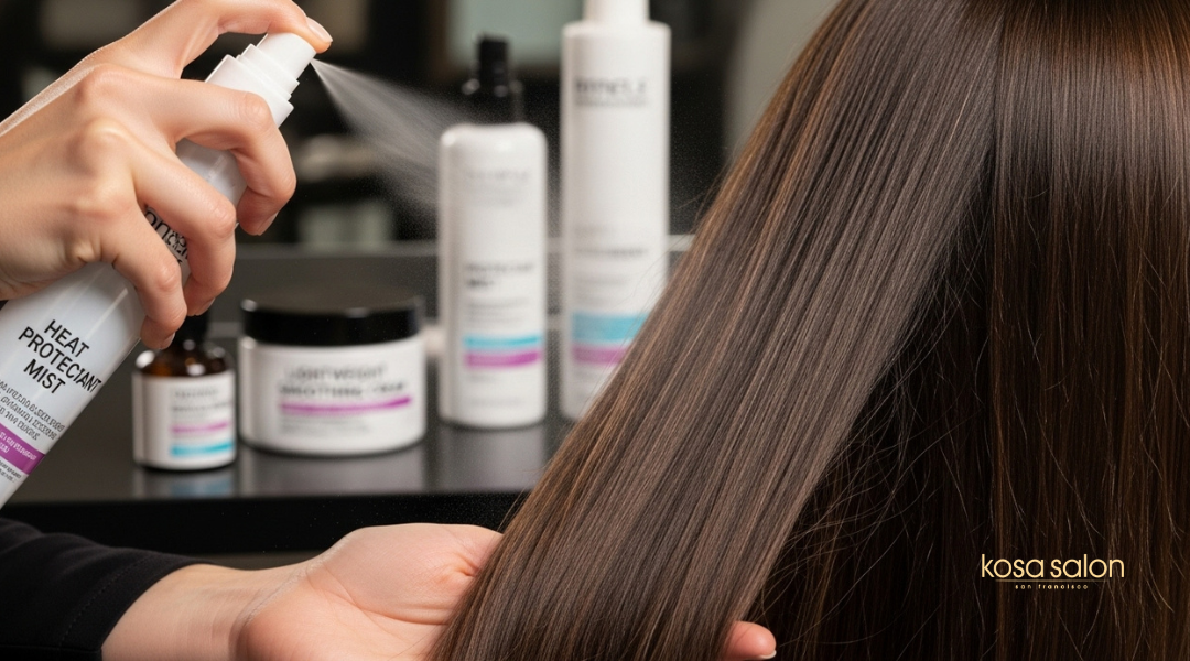 Professional blowout products including heat protectant spray, smoothing cream, and shine serum for healthy, polished hair