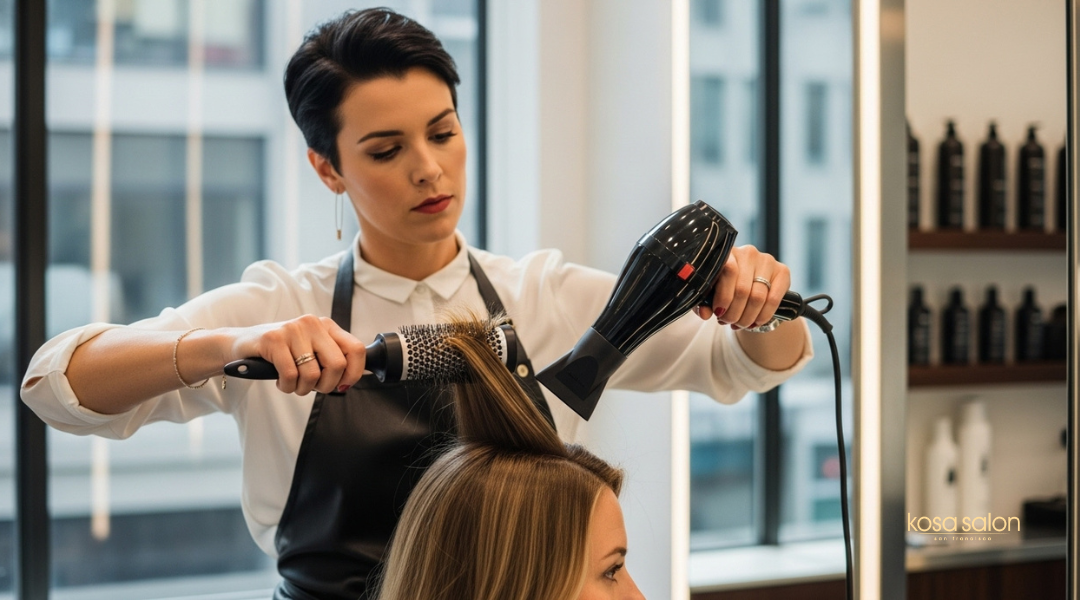 Stylist using sectioning, round brush, and controlled airflow for a smooth blowout.