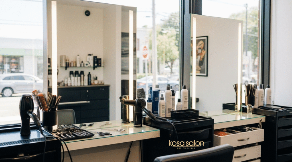 Modern hairstylist station with bright lighting, large mirror, organized storage, and stocked backbar in a downtown San Francisco salon.