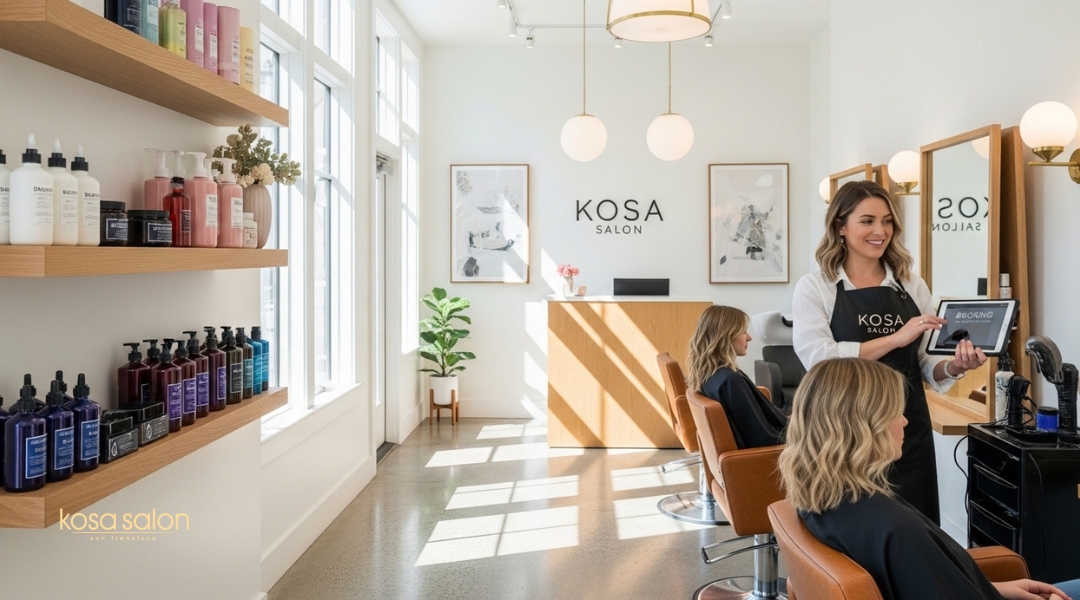 Modern Kosa Salon SF interior with Davines products and stylist using digital booking system.