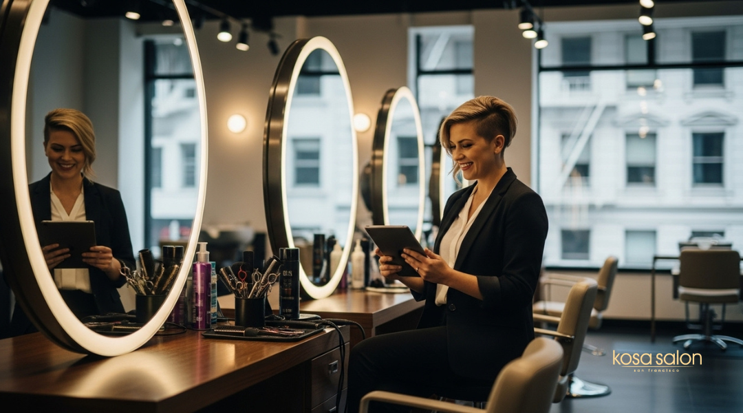 Part-time hairstylist reviewing her flexible daily schedule in a downtown San Francisco salon.