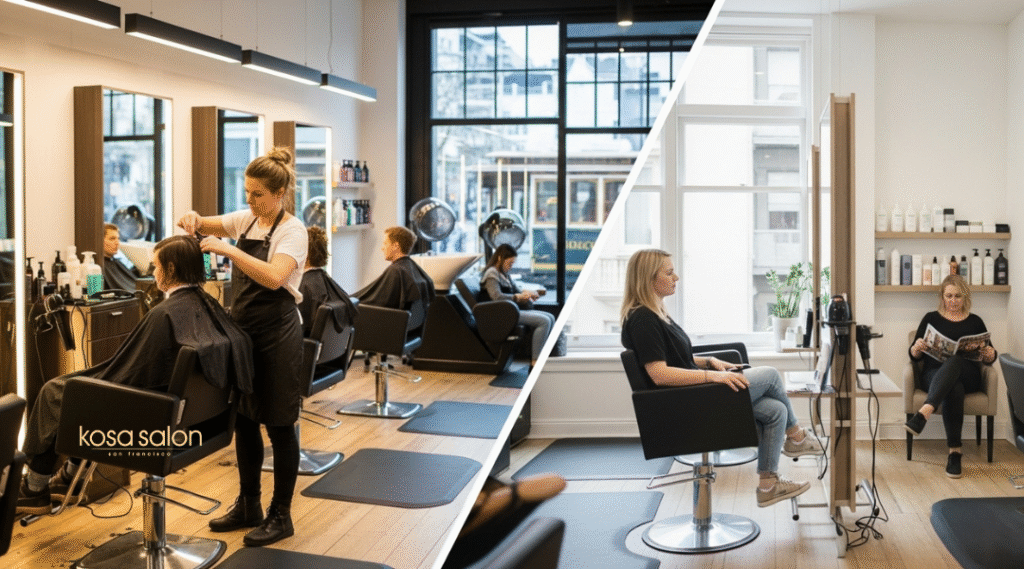 Comparison of commission salon stylist and independent renter managing schedule and burnout.