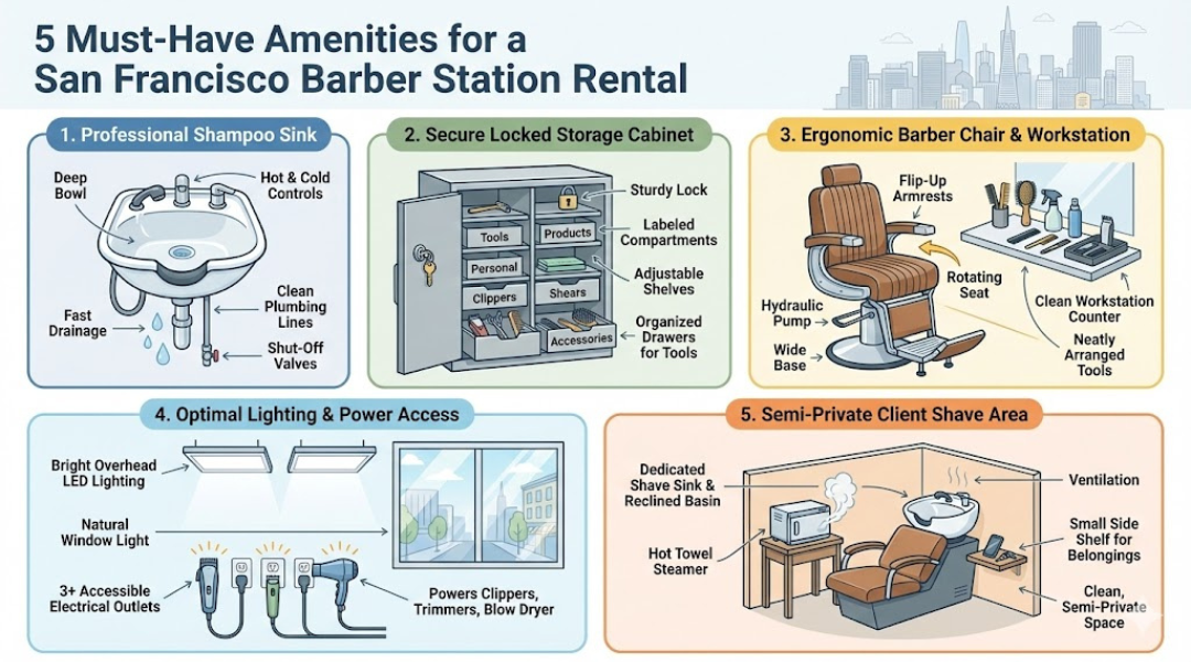Infographic showing the five essential amenities for a barber station rental in San Francisco, including plumbing access, secure storage, ergonomic chairs, strong lighting with outlets, and a clean semi-private client area.