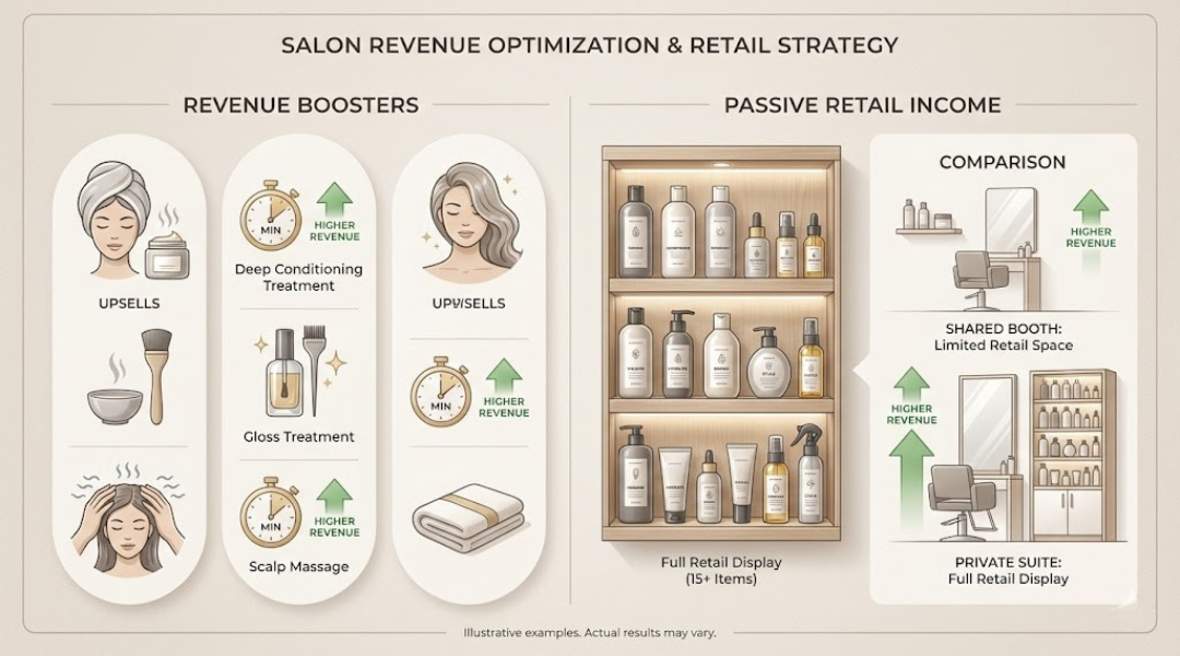 Infographic illustrating salon upsells, service add-ons, and retail shelf income for stylists comparing suites and chair rentals.