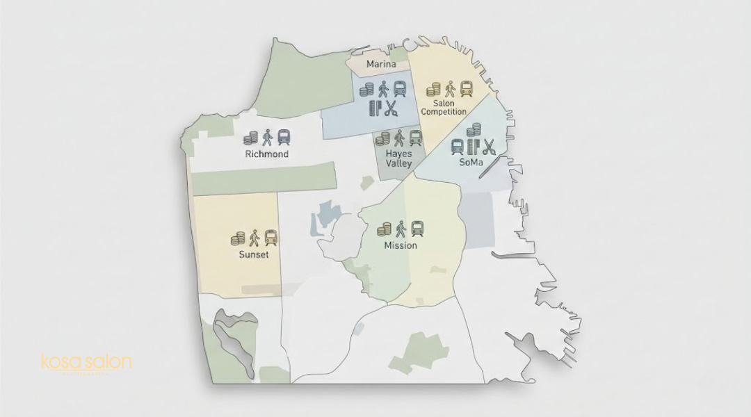Map of San Francisco neighborhoods showing how income, foot traffic, and competition affect salon chair rental decisions.